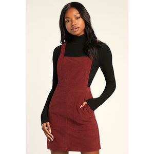 Lulus Embracing Autumn Burgundy Corduroy Pinafore Mini Dress Red - Size L